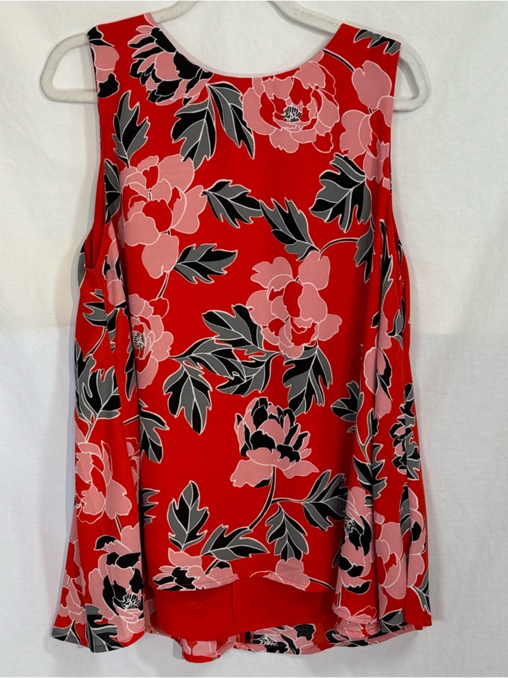 PHILOSOPHY Women XL Red Floral Blouse Sleeveless Swing Top Cutout Back Tropical